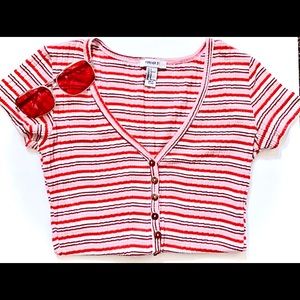 red, white, pink, and brown button up tee